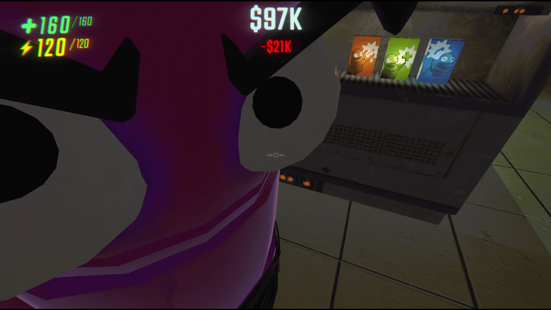 Purple character from video game REPO, leering menacingly while standing very close in frame